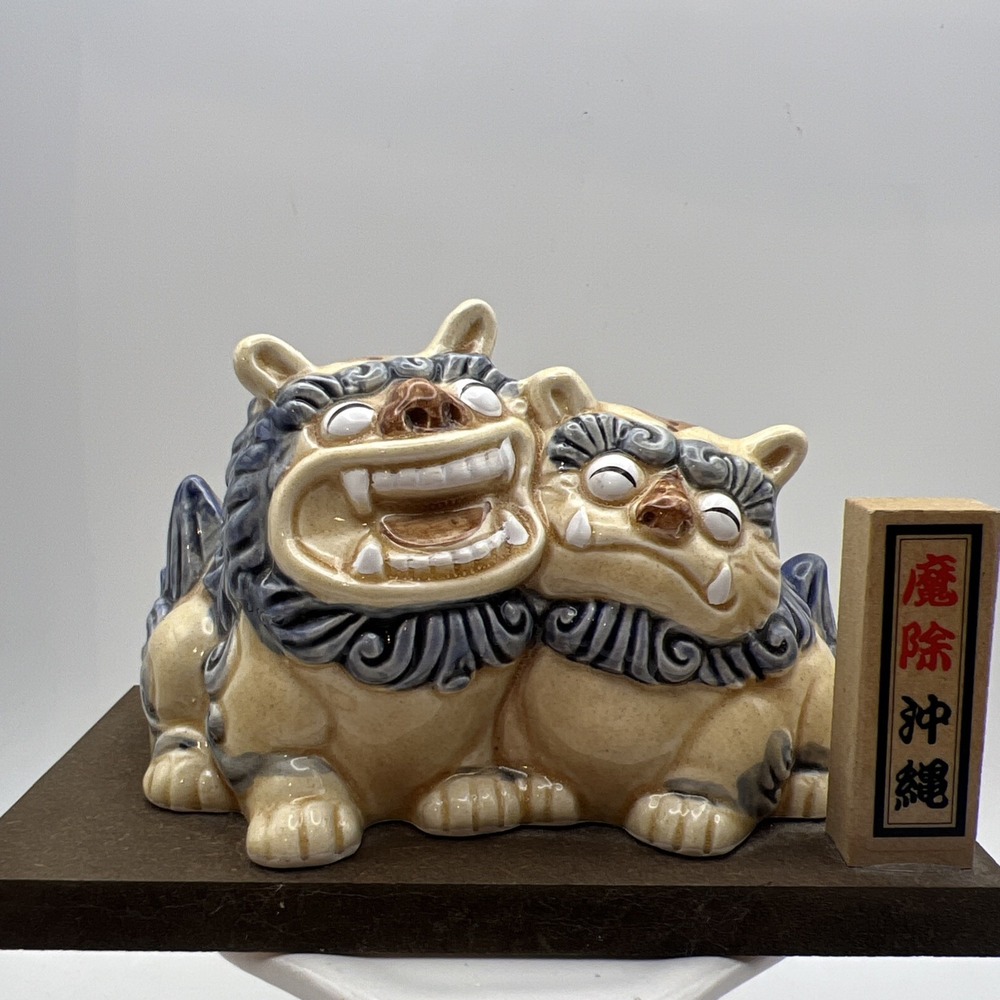 Ceramic Okinawa Shisa Guardian Lion Dog Pair Figurine with Wood Base & Plaque